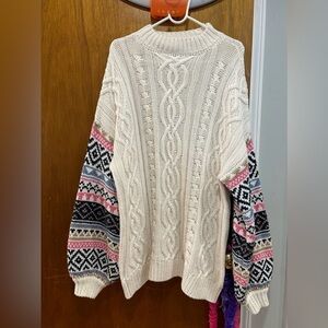 Forever 21 Sweater Large White stretchy Balloon Sleeves Chunky Knit